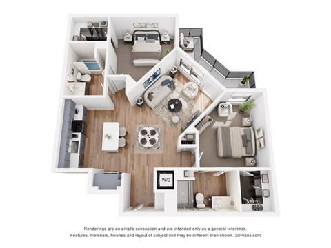 Floor plan for 2 beds, 2 baths, 1075 sqft